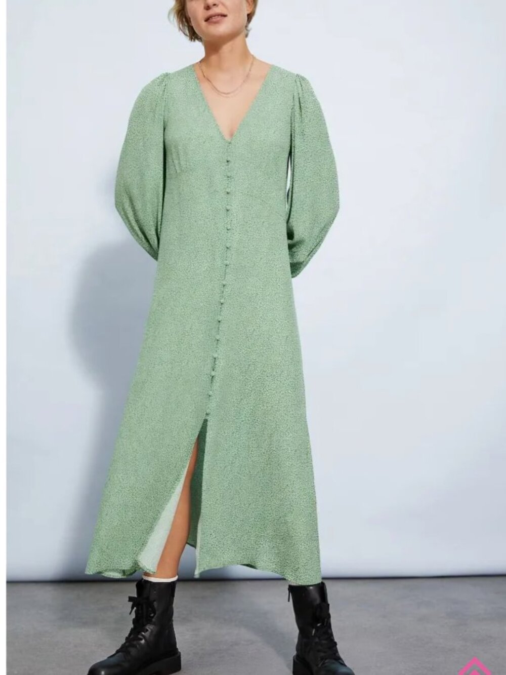 Green floral midi tea dress